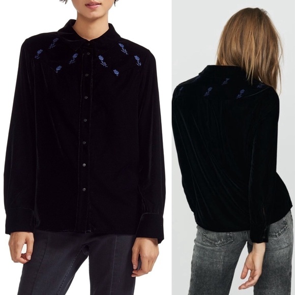 MAJE Velvet Floral Embroidered Long Sleeve Western Snap Button Collared Shirt M - Picture 5 of 12